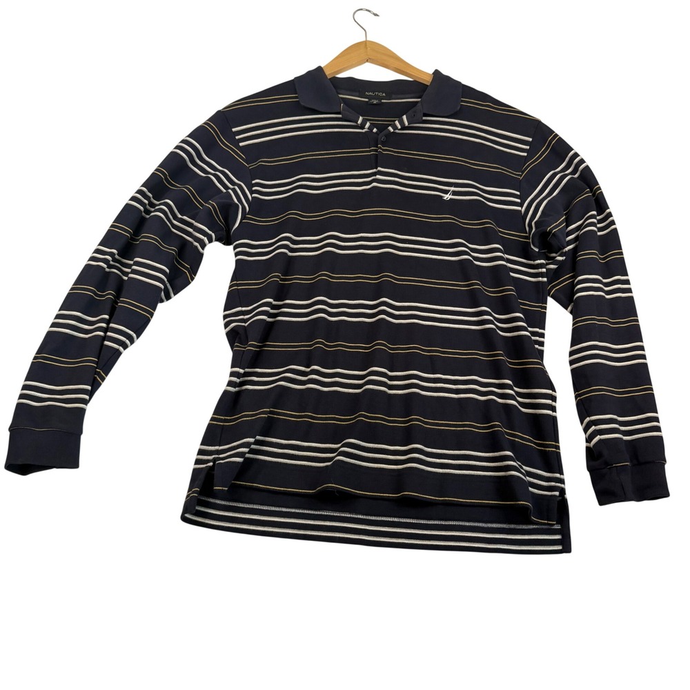 Nautica Mens Navy Blue Striped Long Sleeve Polo Shirt Cotton Size M Made Canada